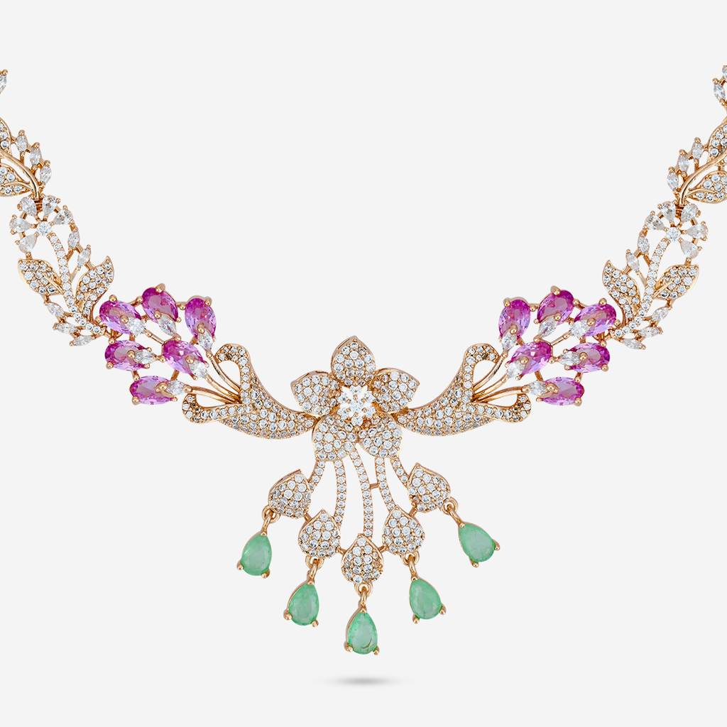 Pink-Mint Gold Rose - Plated Party Wear Zircon Necklace - 472271 : 472271