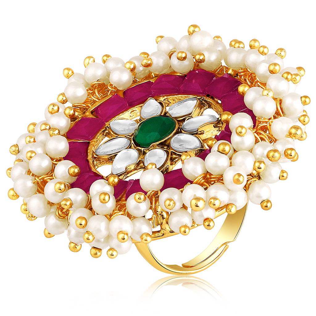 Peora Gold Plated Rani Pink Green Kundan & Beads Studded Adjustable Finger Ring Ethnic Jewellery Gift For Women  : PF104R06RPG