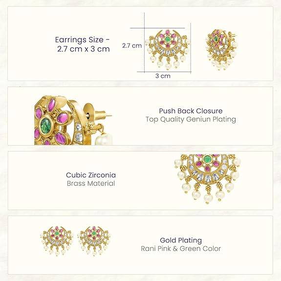 Ethnic Stud Earrings For Women & Girls Gold Plated Faux Emerald Ruby & Crystals Studded Festive Bridal Jewellery B : PF76E04RG