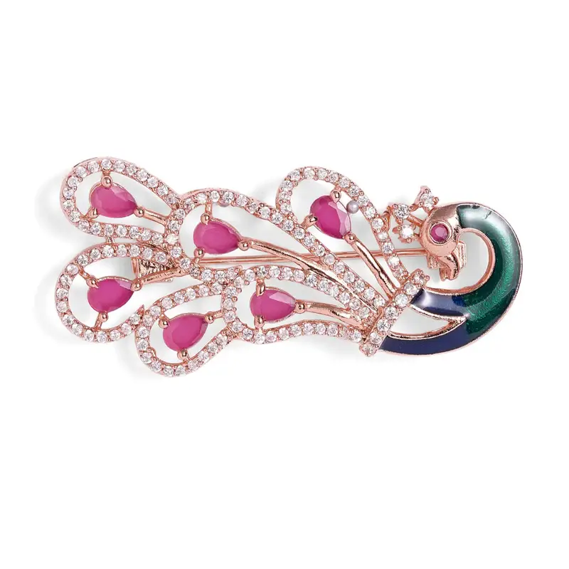 Cz Statement Peacock Feather Brooch Pin For Women |Wedding Wear : AD-005-RGRB-BROOCH