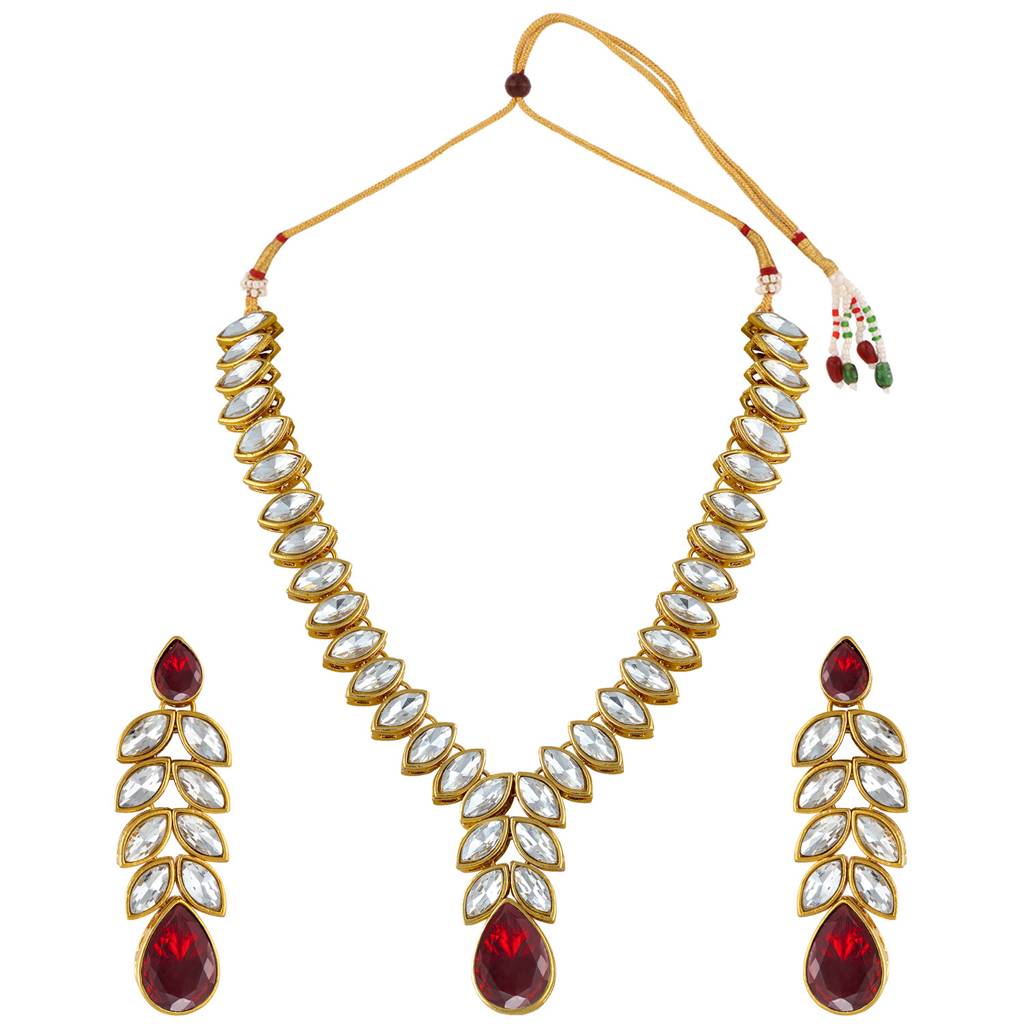 Peora Gold Plated Traditional Maroon Crystal Studded Long Necklace Earrings Jewellery Set For Women : PF24N15M