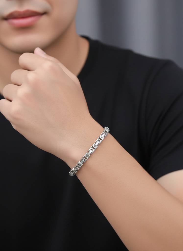Combo Of Silver Plated Openable Fancy Bracelet For Boys With Fancy Cross Pendant With Cuban Chain For Men & : PX5CH86-PX8B108S