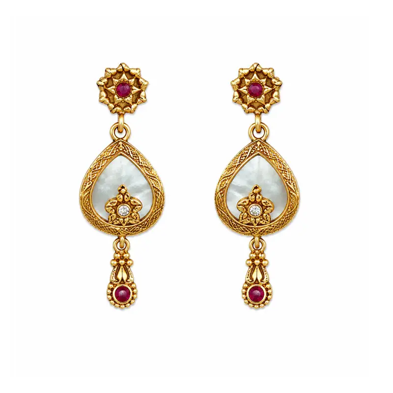 Matte Gold Temple Necklace Set | Ruby & White Beads | Crescent Pendant Design : OSLFJ-012-IGRBWE-NKER
