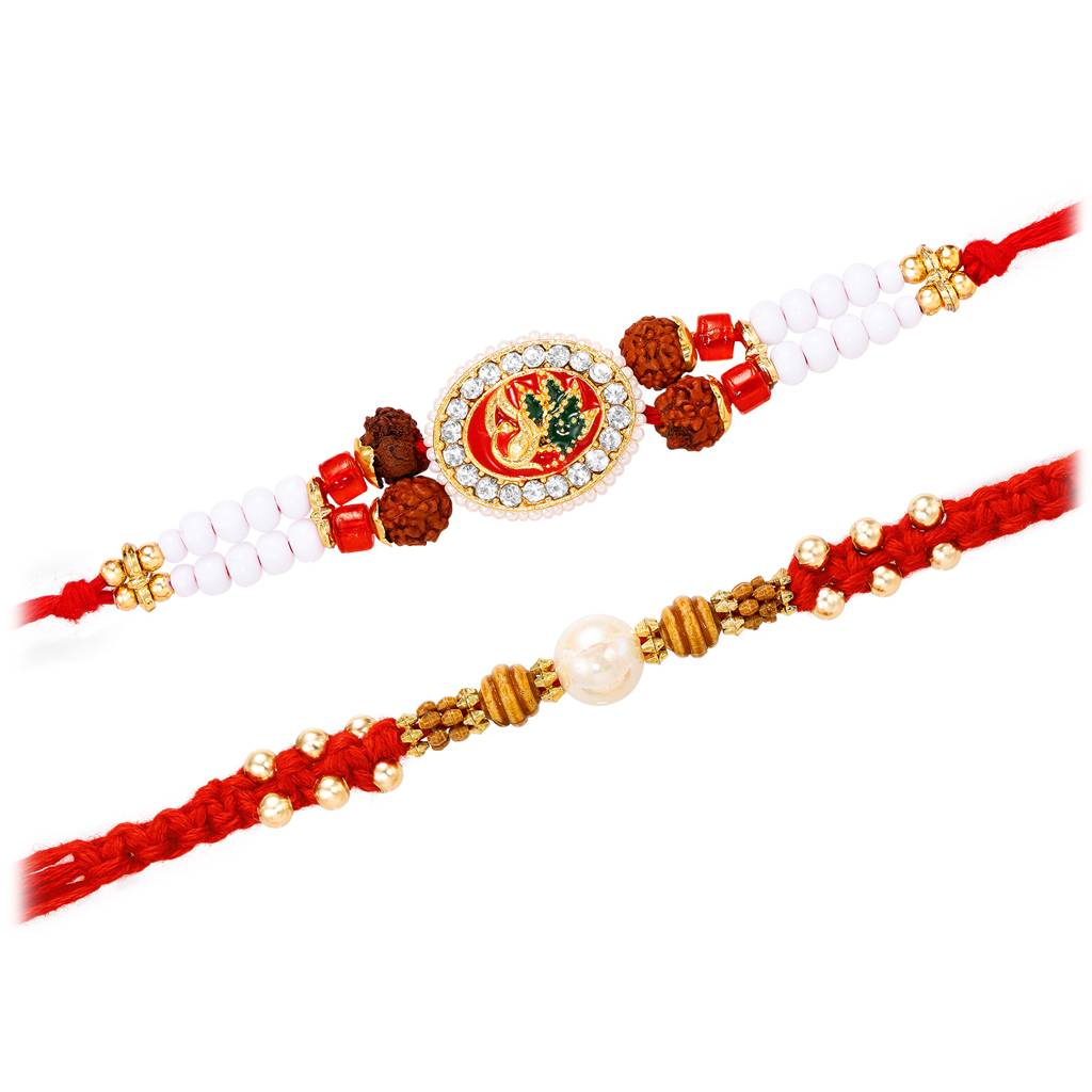 Rakhshabandhan Thread Rakhi For Brother Bhaiya Beads & Crystals Studded Red White Combo Set Of 2 Rakhi Hamper Roli : R07C38-S2