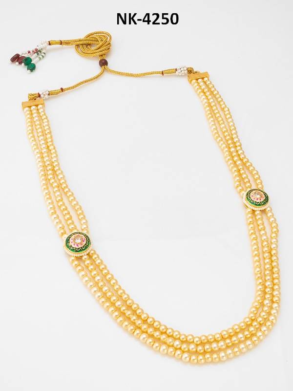 Triple-Strand Cream Pearl With Meenakari Kundan Necklace : NK4250