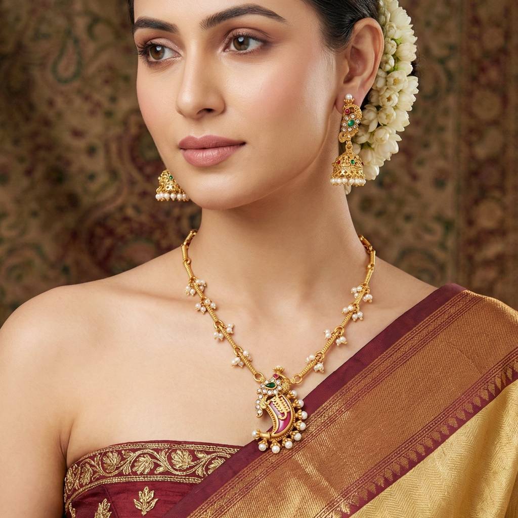 Traditional Gold-Tone Pendant Necklace Set With Jhumka Earrings | Pink Enamel Meenakari Detailing & Green St : 689-ISR-2182-RG