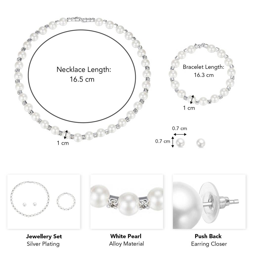 Silver Plated Faux Pearl Studded Necklace Stud Earring & Stretch Bracelet Jewellery Set For Women & Girls : PX9N105