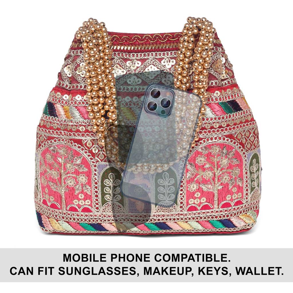 Embroidery Potli Bag For Women Handmade Wristlet Handbag Stylish Purse Ethnic Fashion Bag For Girls : P212M-L