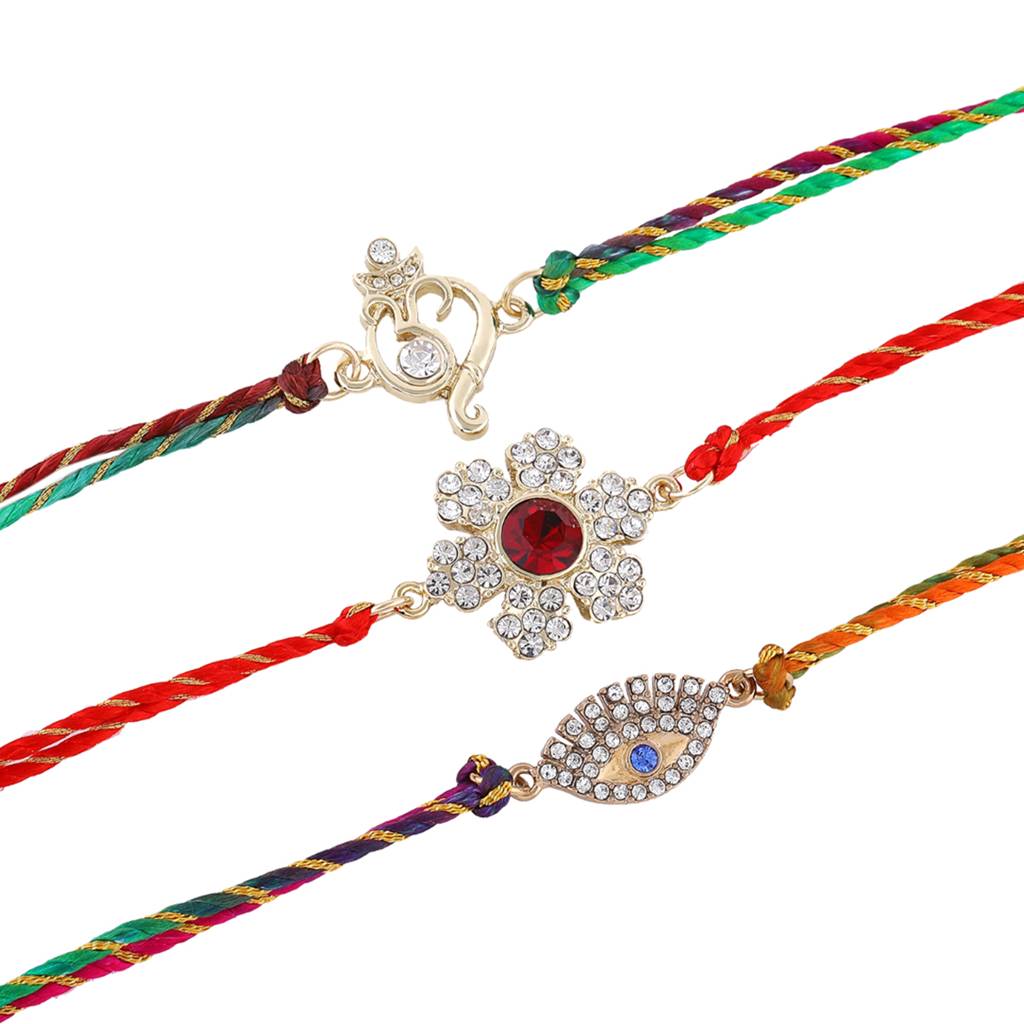 Gold Plated Om And Floral Infinity Shaped Multi Colour Designer Bracelet With Austrian Crystals And Fancy Si : COMBO-239-RAKHI