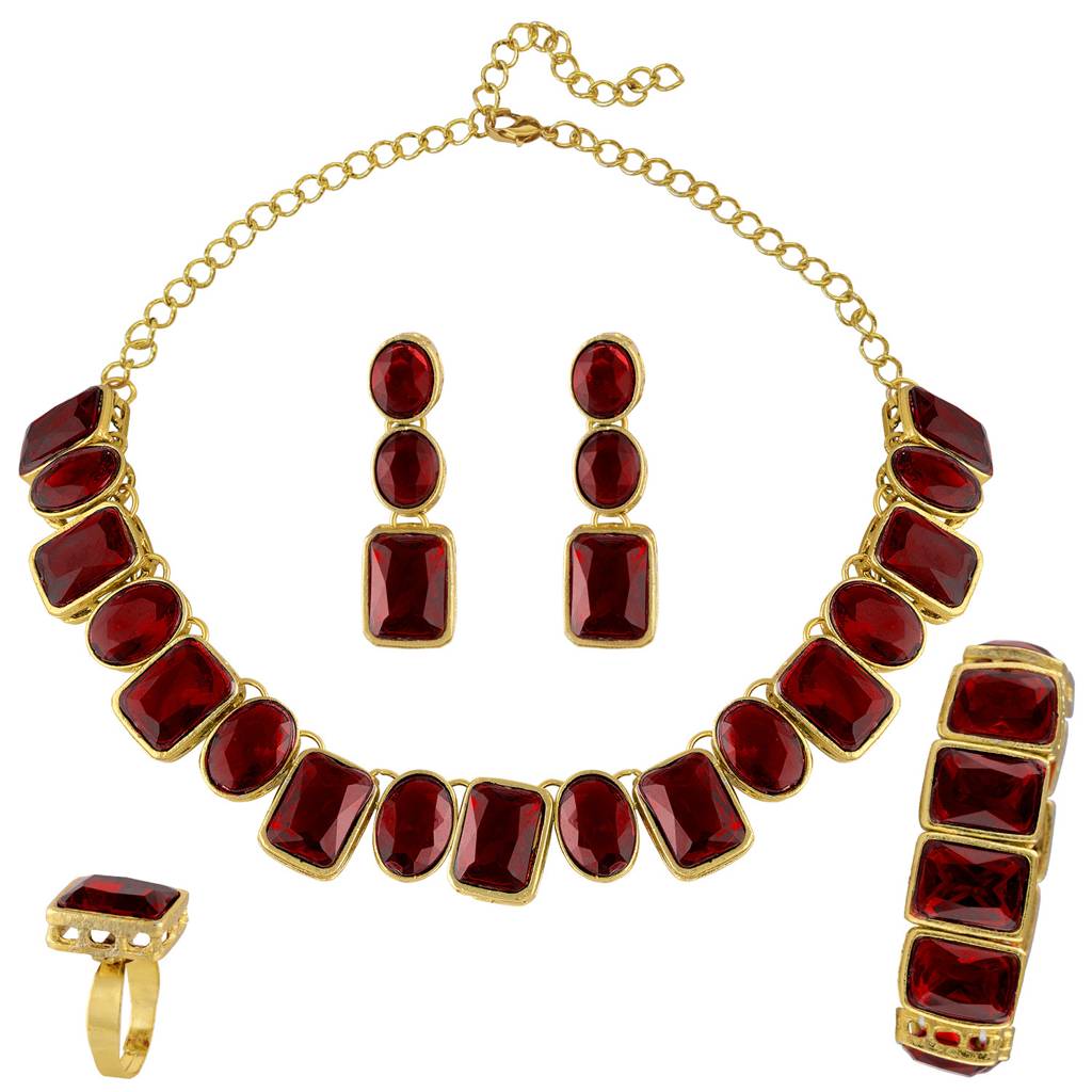 Peora Gold Plated Square Crystal Necklace With Drop Earrings Bracelet Finger Ring Indian Traditional Ethnic Jewelle : PF24N18M