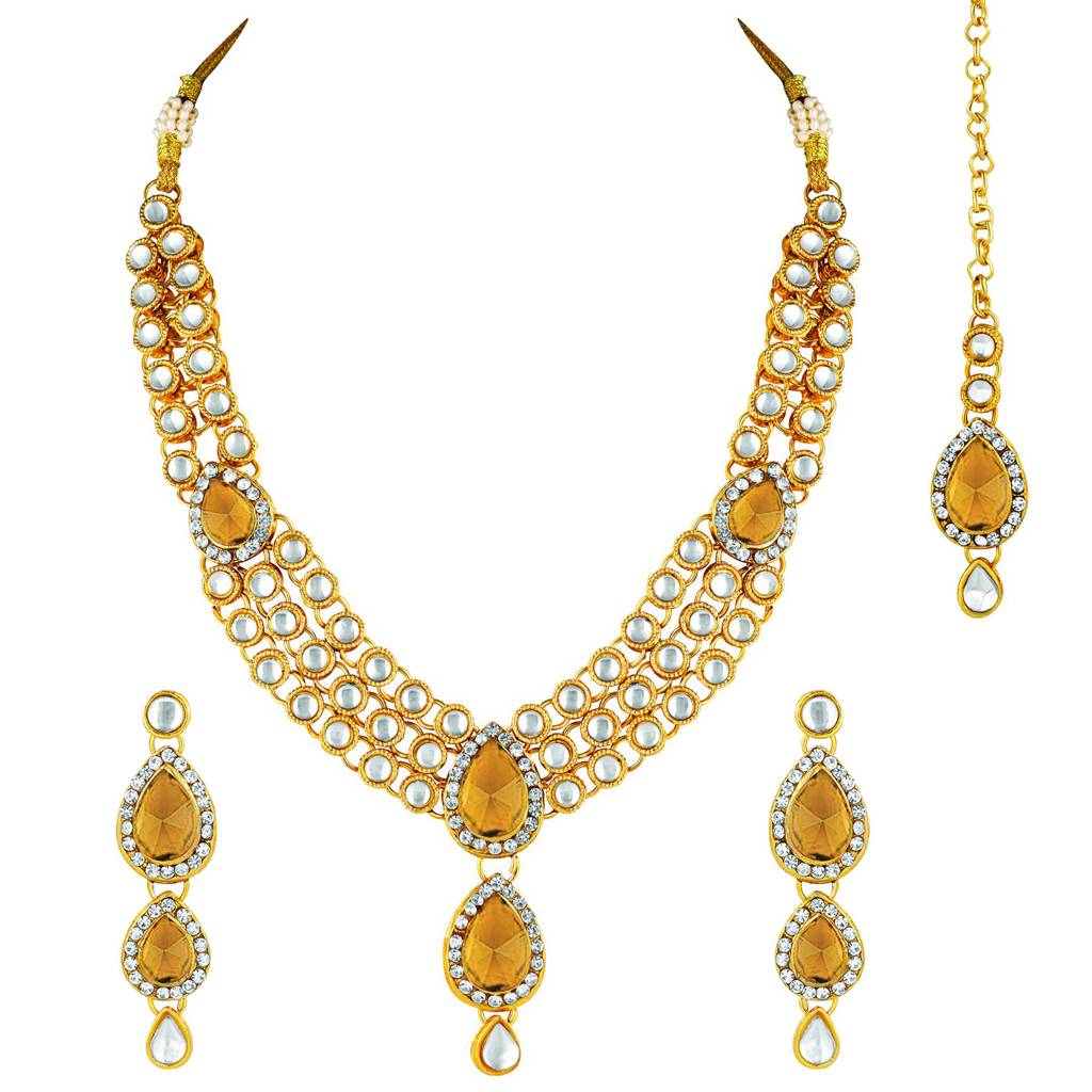 Peora Gold Plated Traditional Kundan Studded Long Necklace Jewellery Set With Earring Maang Tikka For Women Girls : PF25N009LCT