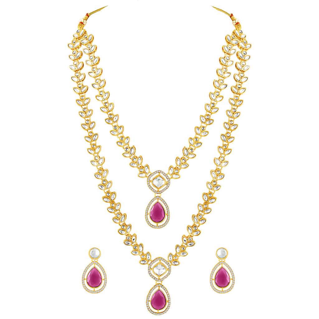 Peora Gold Plated Faux Emerald & Kundan Studded Two Layer Necklace Earrings Set Contemporary Jewellery For Women : PF105N015RP