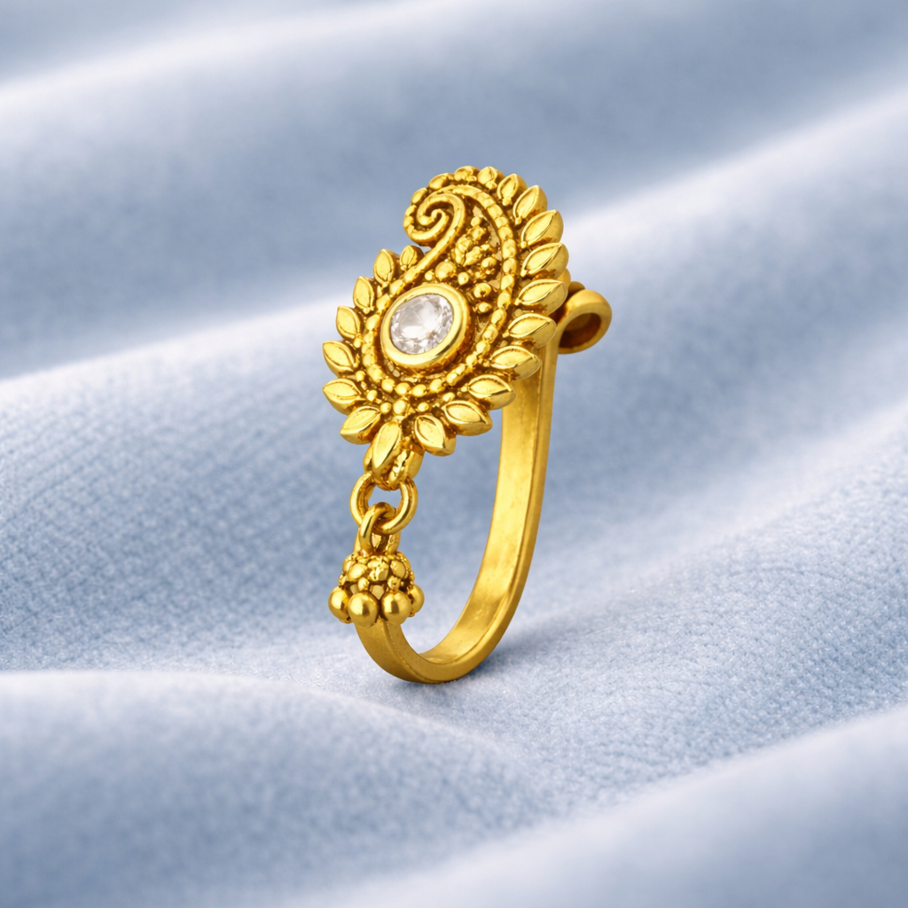 Traditional Leaf Motif Clip-On Nose Pin 925 Sterling Silver Yellow Plated : CNP-0031