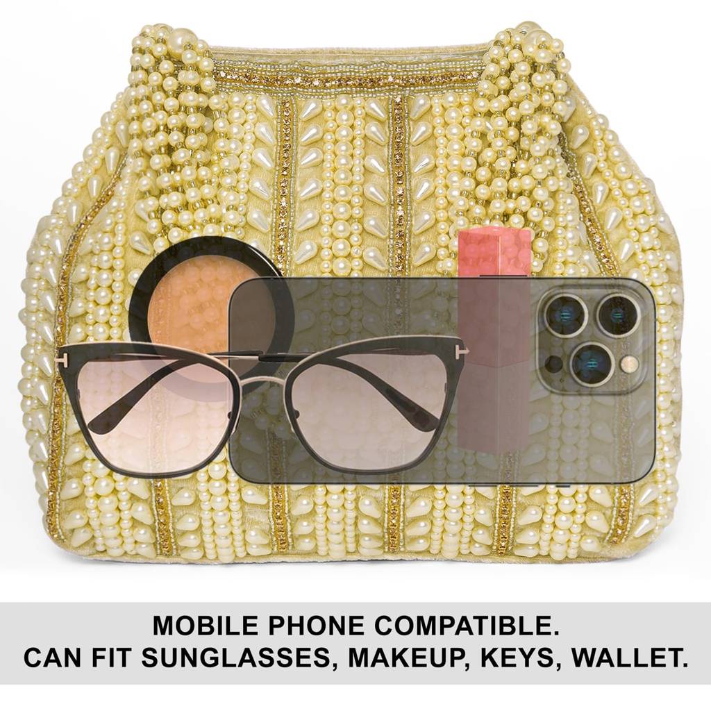 Golden Beads Embellished Potli Bag For Women Handcrafted Bag Stylish Fashion Purse For Girl : P58G-F