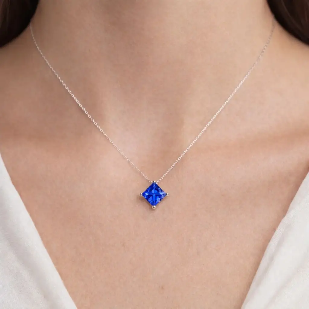 Blue Princess Solitaire Semi Silver Pendant Necklace : PRCS-BLU-10-SM-G-C