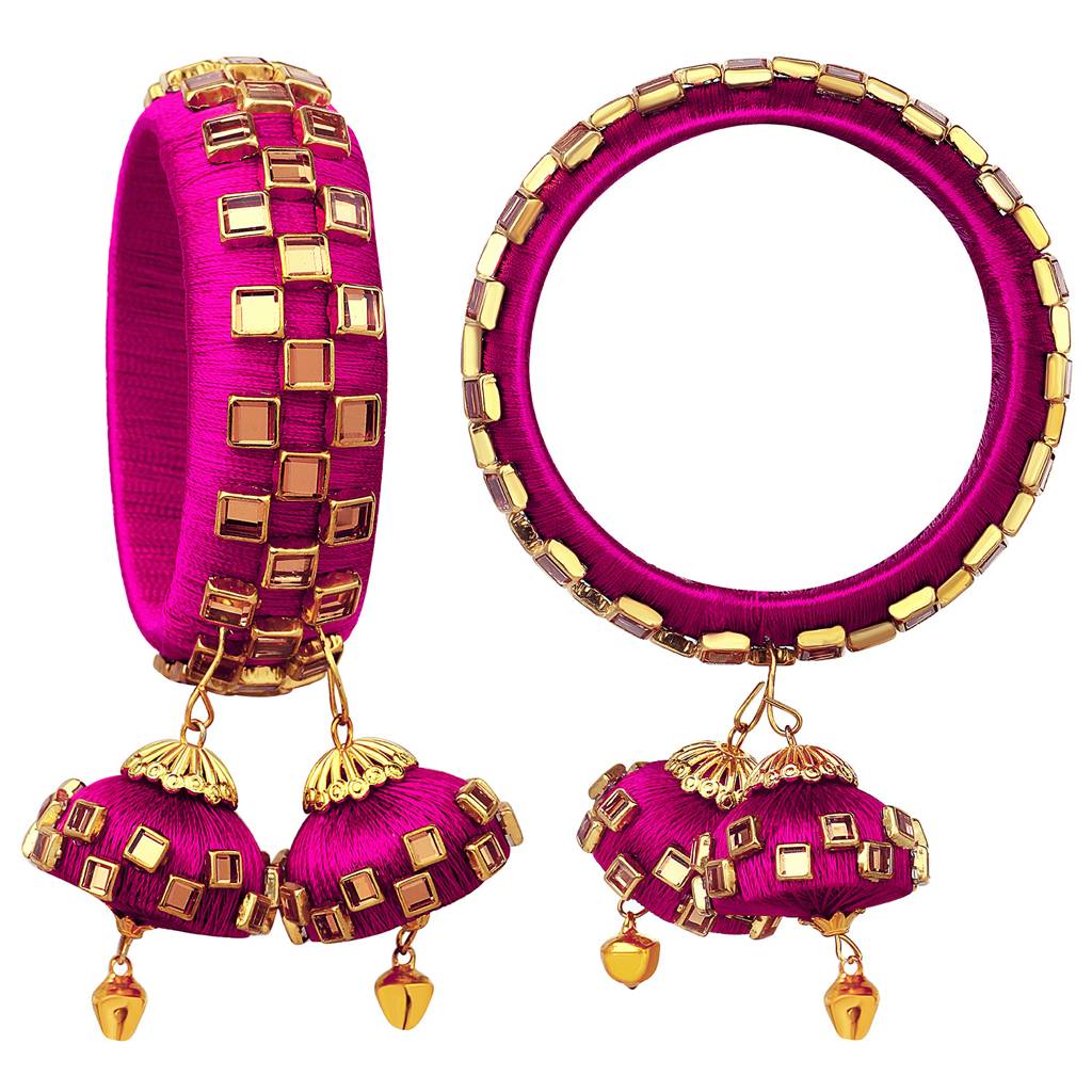 Peora Silk Thread Crystal Design With Dangling Jhumki Chuda Chura Bangle Set For Women : PF51B73RP