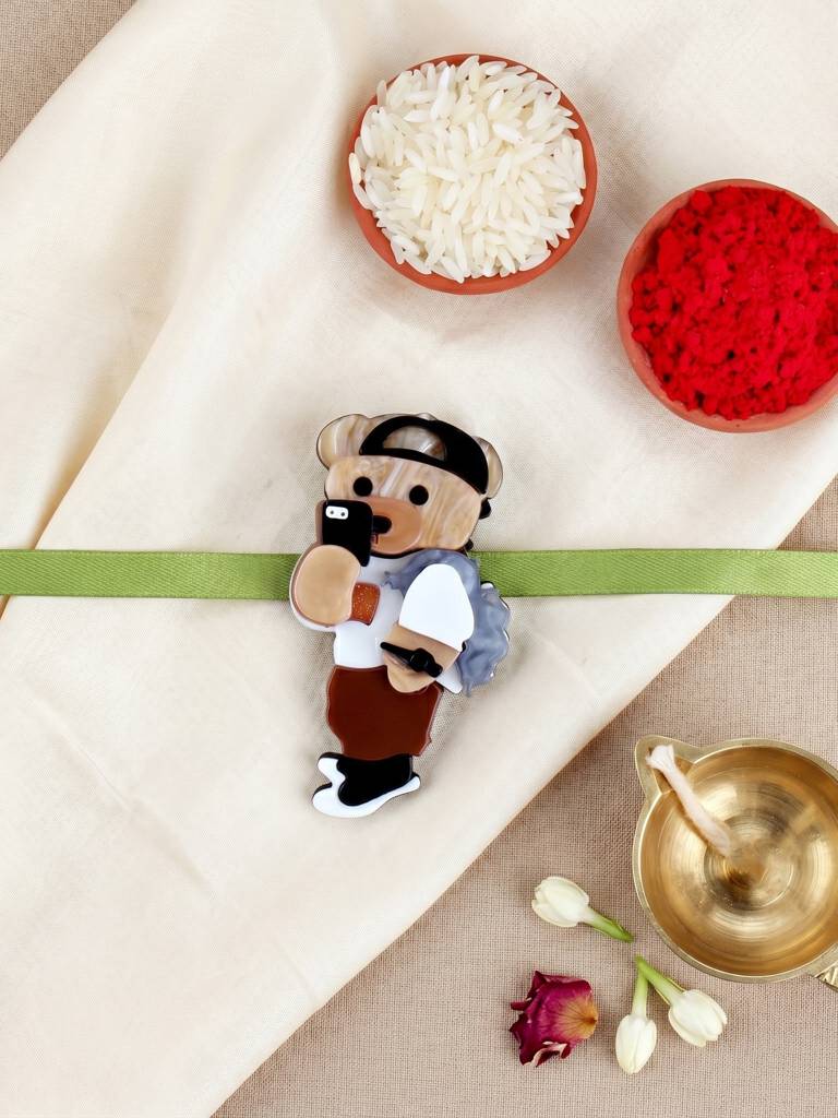 Kids Rakhi For Little Brother, Cute Selfie Teddy Bear Acrylic Charm On Green Ribbon, Roli, Chawal (425- : 425-CHR1-1193-1-2026