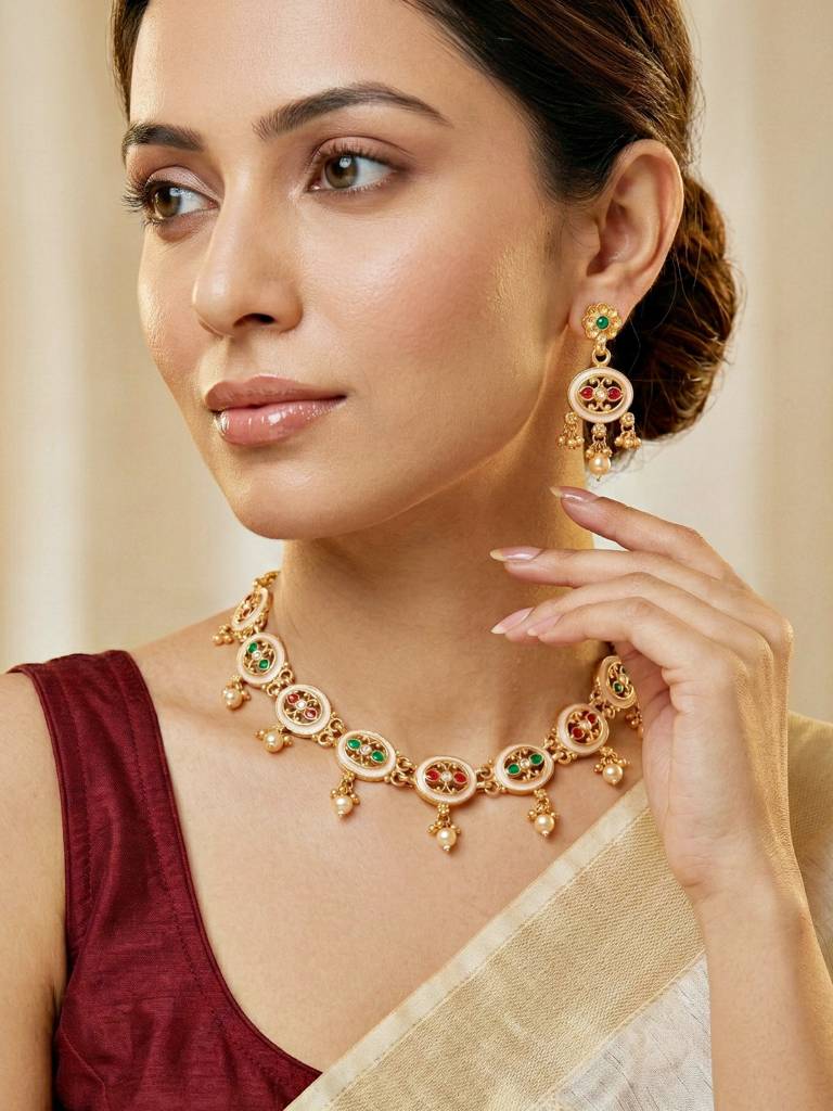 Gold-Plated Meenakari Red & Green Stone Traditional Necklace Set With Earrings For Women | Ethnic Wedding J : 580-G2SR-261-WRG