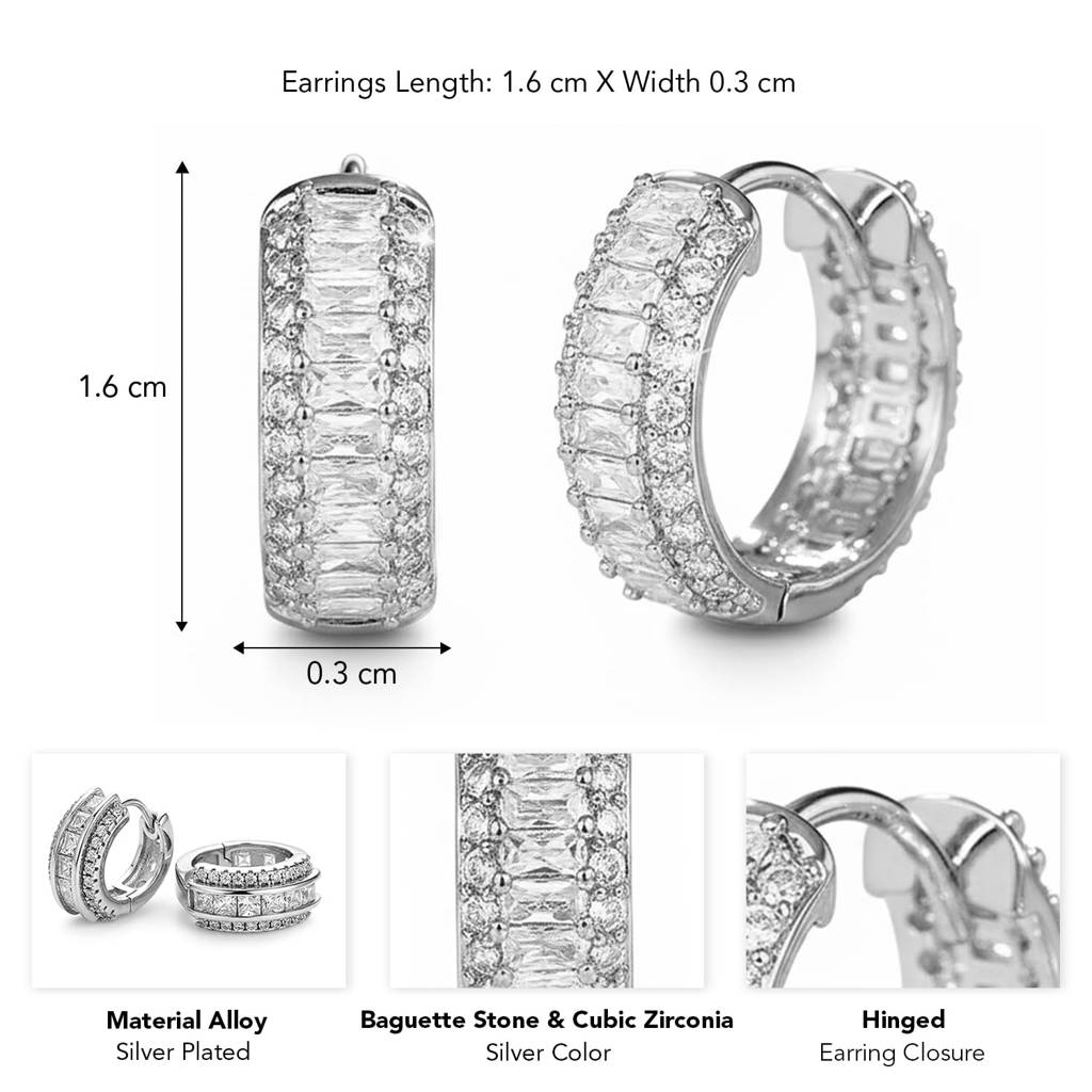 Silver Plated Baguette Stone & Cubic Zirconia Studded Fancy Stylish Hoop Earrings Jewellery For Women & Girls : PX9E3151S