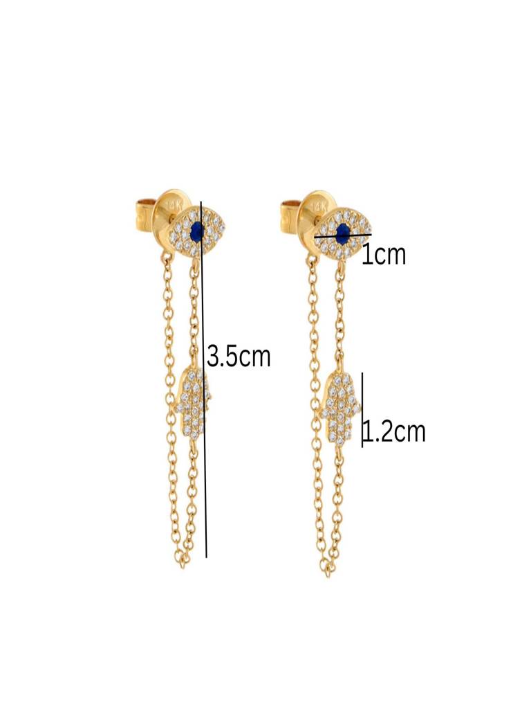 18K Gold Plated Anti-Tarnish Zircon Evil Eye & Hamsa Hand Ear Chain Earrings : AWU0726E231