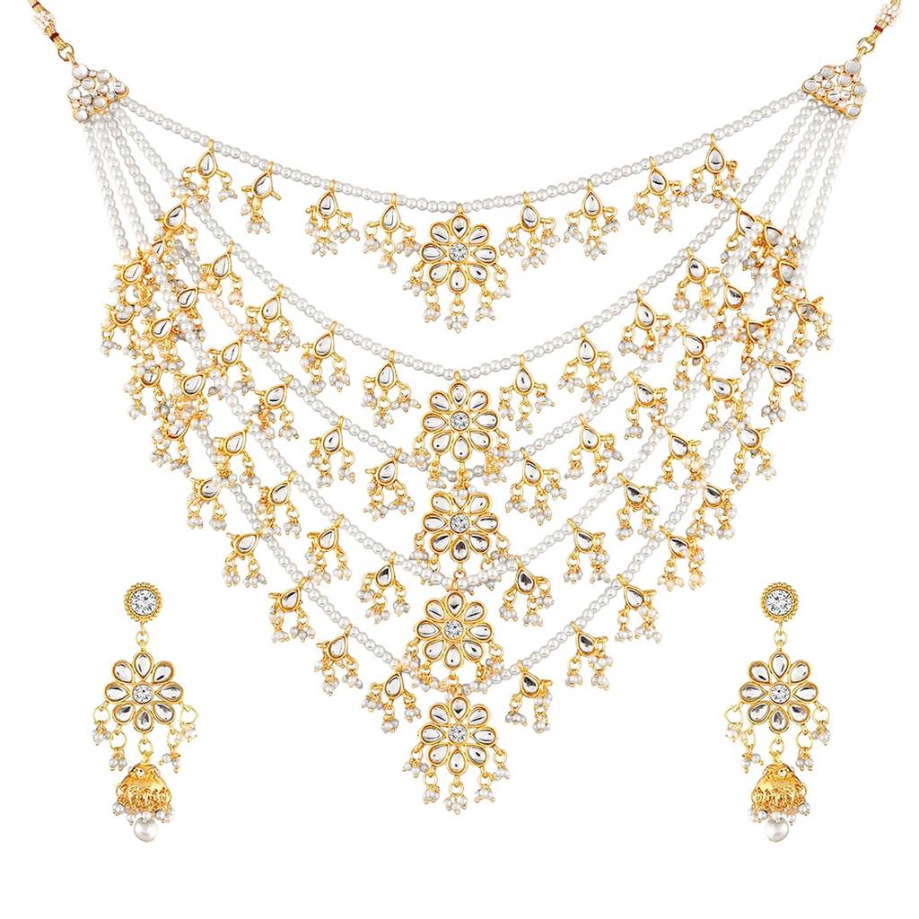 Peora 18K Gold Plated Traditional Kundan Pearl Floral Layered Long Necklace With Earring Jewellery Set For Women : PF37NM4080W