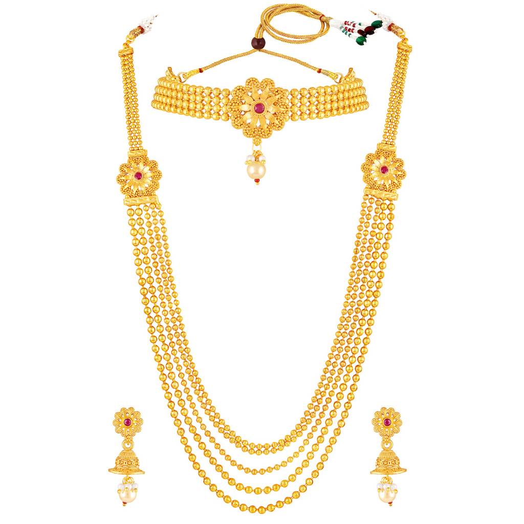 Peora Gold Plated Faux Ruby & Beads Studded Short & Long Necklace Earrings Ethnic Bridal Set Jewellery For Women  : PF04BR03RP