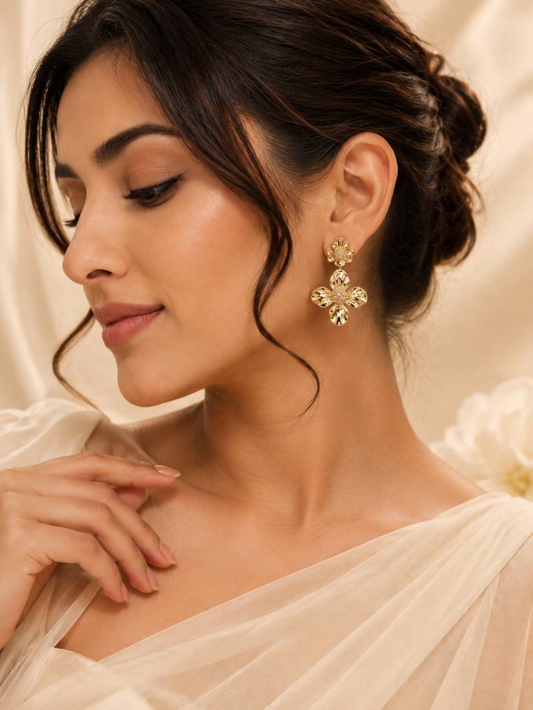 Bold Golden Floral Drop Earrings : AN-LJ-GO-0085-DE