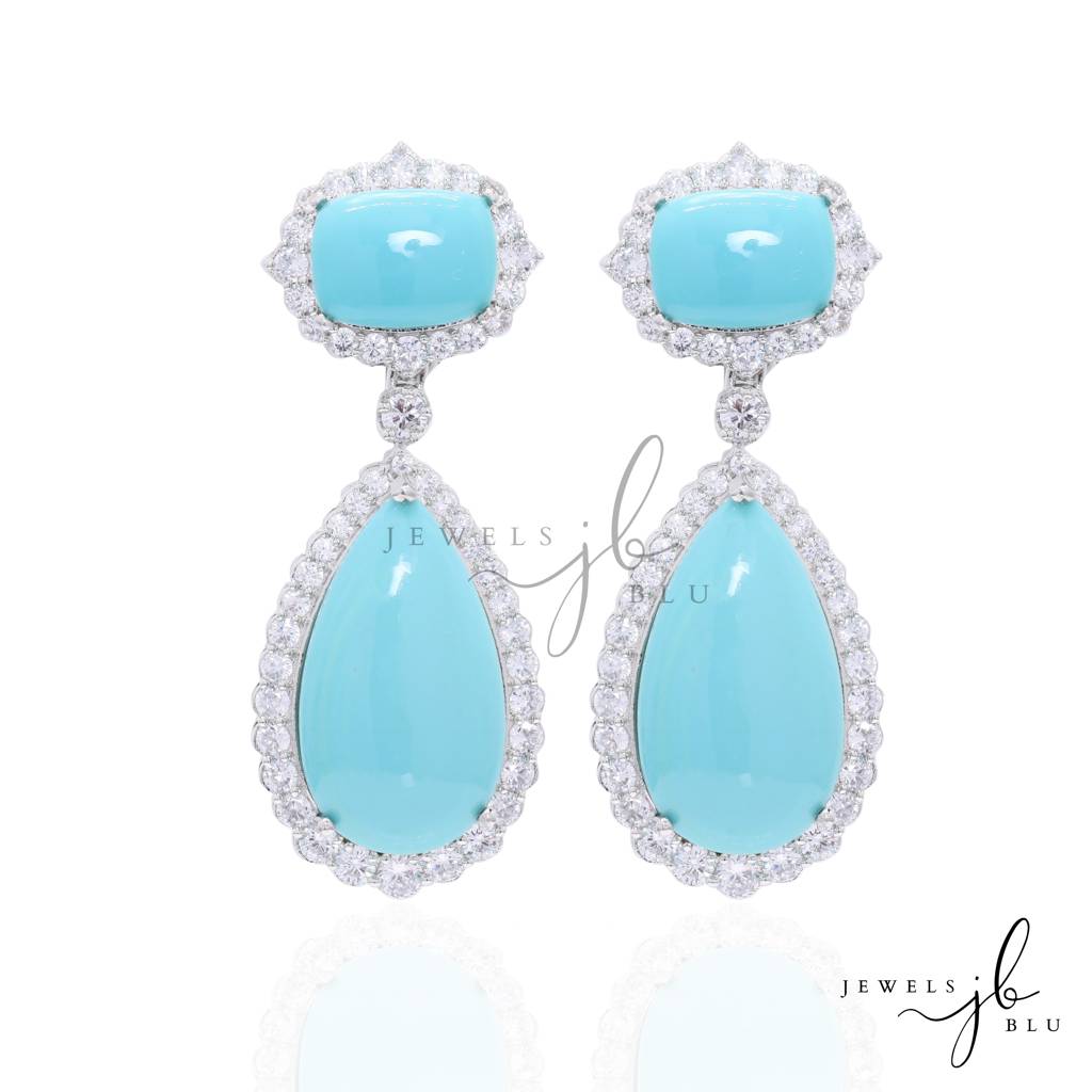 Turquise Blue American Diamond Studded Premium Party Long Earrings : 100009