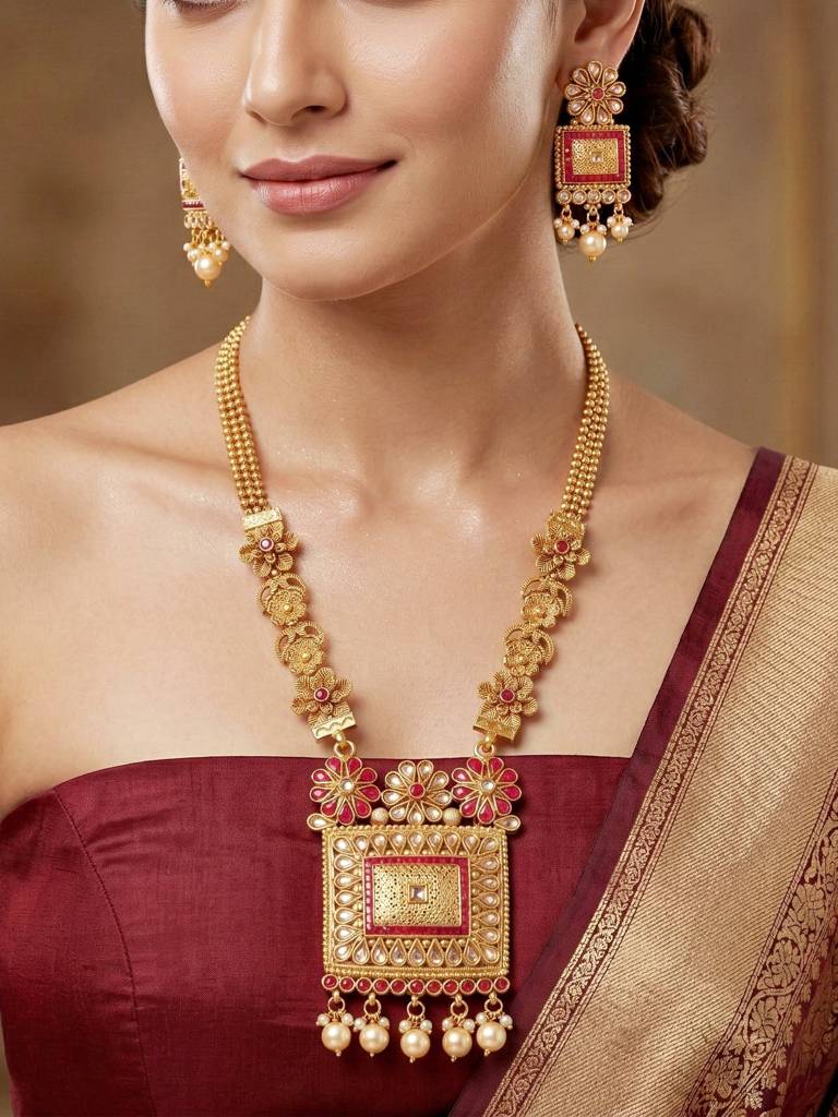 Gold-Plated Traditional Necklace Set With Earrings For Women | Ruby Color Ethnic Jewellery | Festive Wedding  : 726-G2SR-197-R