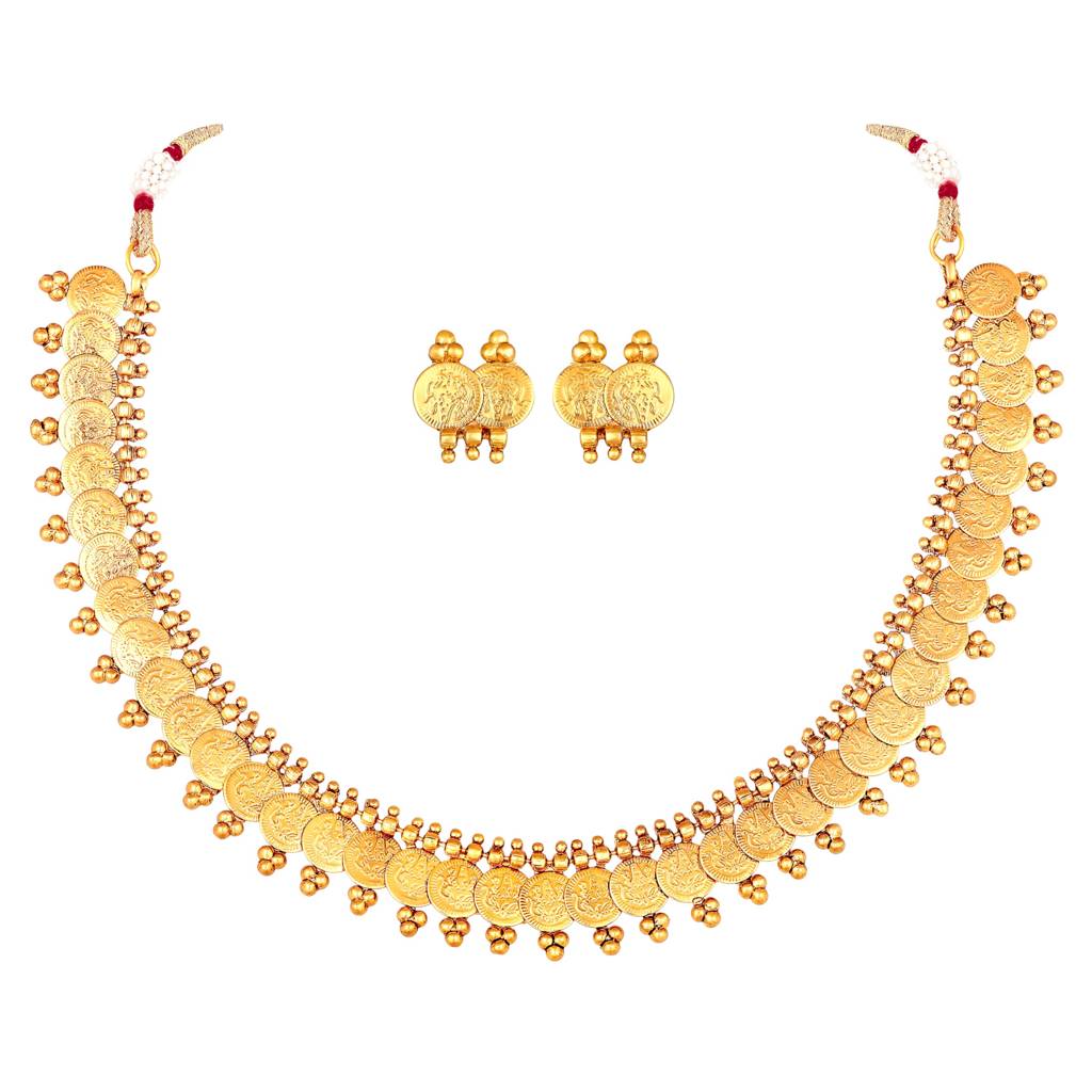 Gold Plated South Indian Traditional Bridal Short Maharani Coin Necklace Earrings Jewellery Sets For Women And Girls : PF04N03