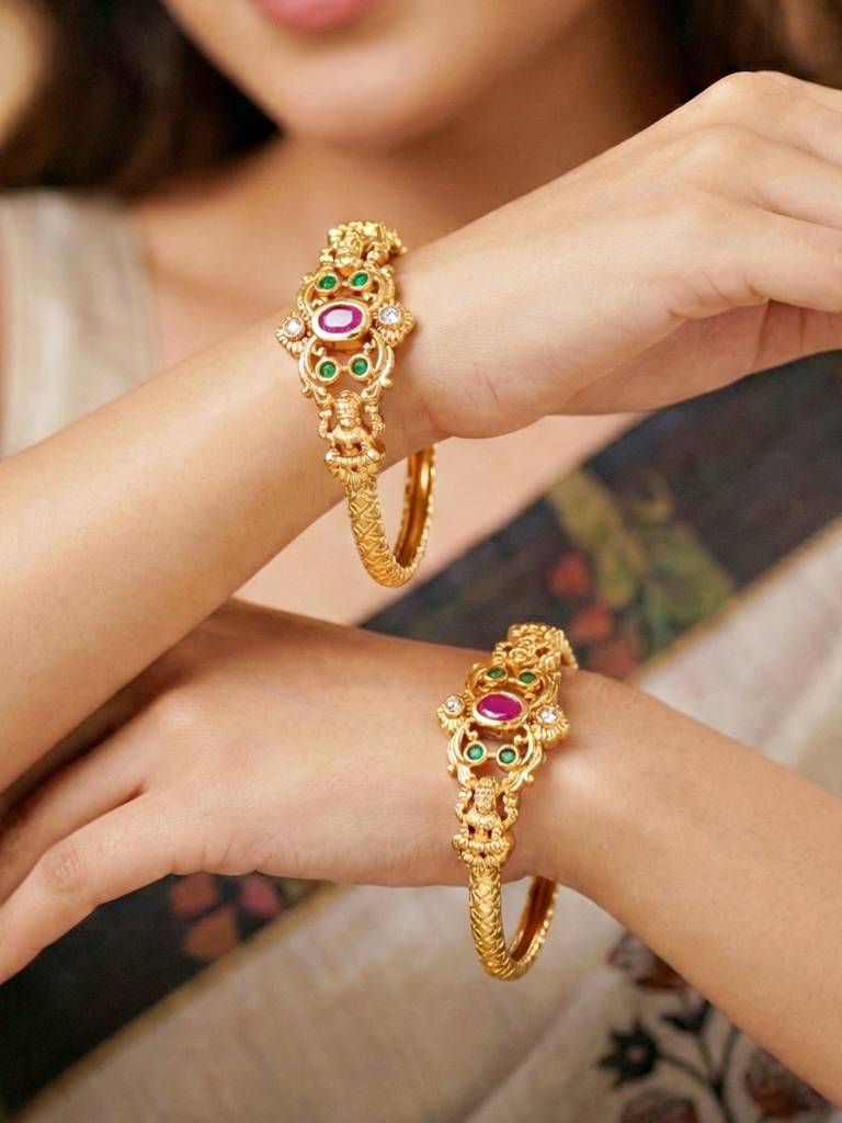 Gold Plated Traditional Temple Design Bangle For Women With Pink Center Stone & Green Beads | Ethnic Brid : 568-C1BG-2194-2-24