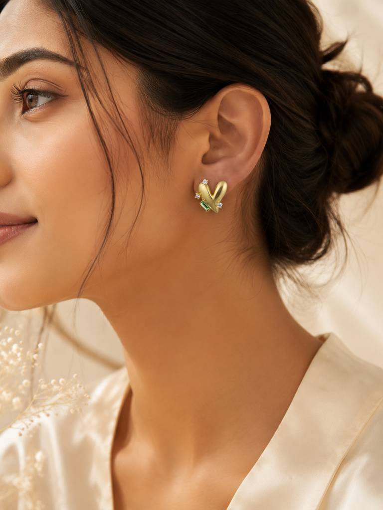 18K Gold Plated Green Baguette Heart Stud Earrings : AN-VM-GO-0147-DE