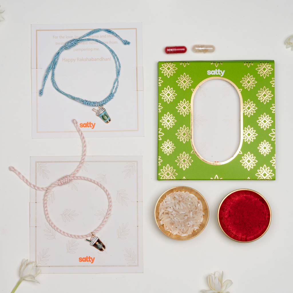 Enamel Coffee Blue And Coffee Pink Rakhi Bandhan Lumba Rakhi For Bhaiya And Bhabhi : BS14924-1224-LPK-BU-G-BB-SL-GR