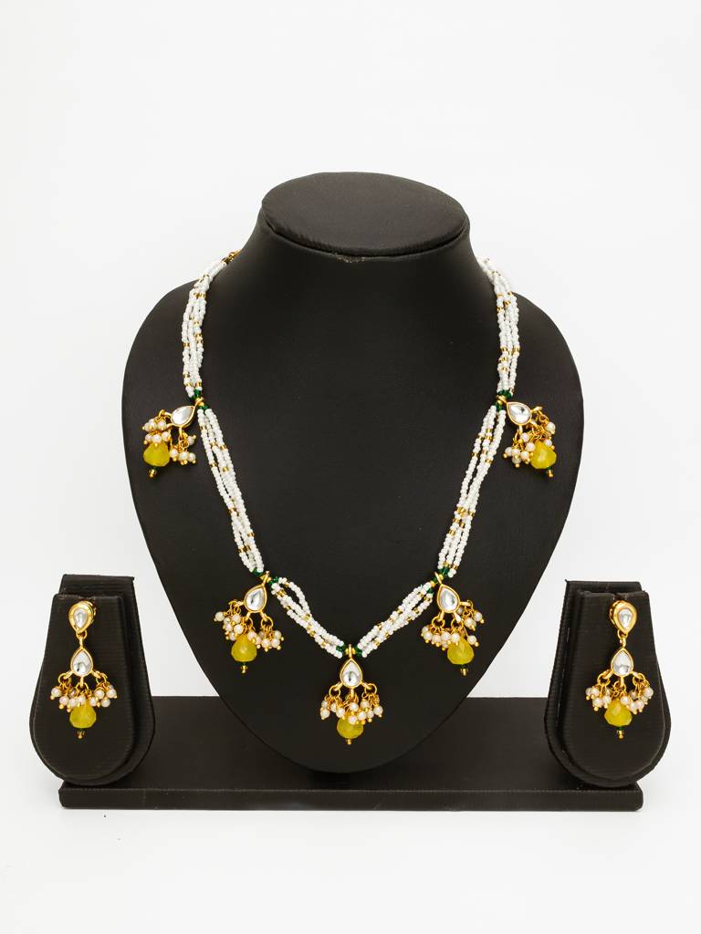 Gold Plated Pearl Beaded Yellow Stone Designer Traditional Necklace Set For Women : NK4710