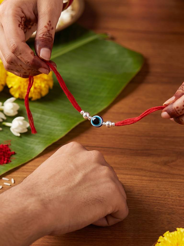 Silver Evil Eye Bead Rakhi : BFRA509
