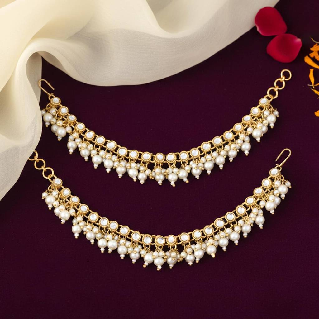 Gold Plated White Kundan Studded Earrings Chain Ethnic Stylish Fashion Hair Accessories Jewellery Gift For Women  : PF09EC004W