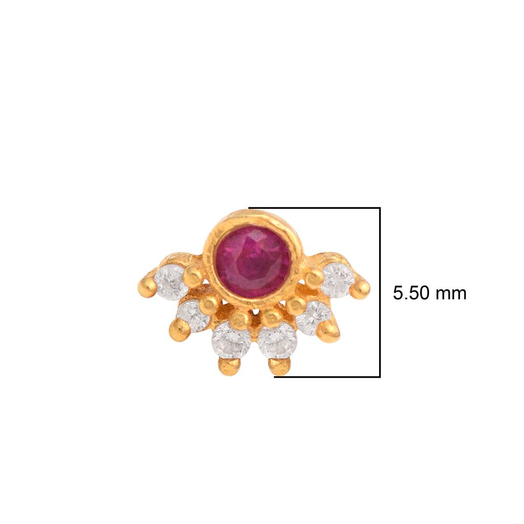 Floral Nose Pin - Sterling Silver Gold Plated : NP-00169_SW277_925S_YG_RED