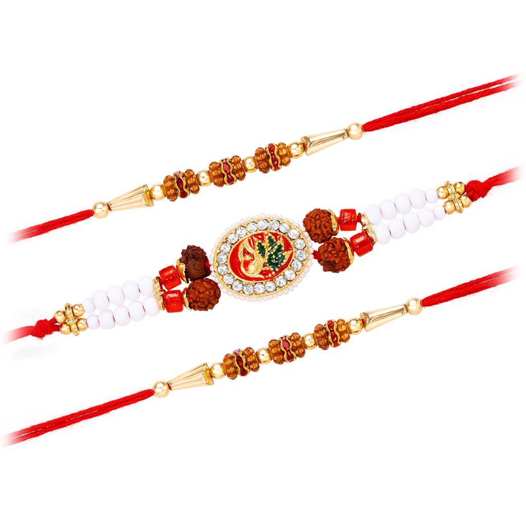 Rakhshabandhan Thread Rakhi For Brother Bhaiya Rudraksha Crystal & Beads Studded Red White Pack Of 3 Rakhi Hamper  : R07C09-S3