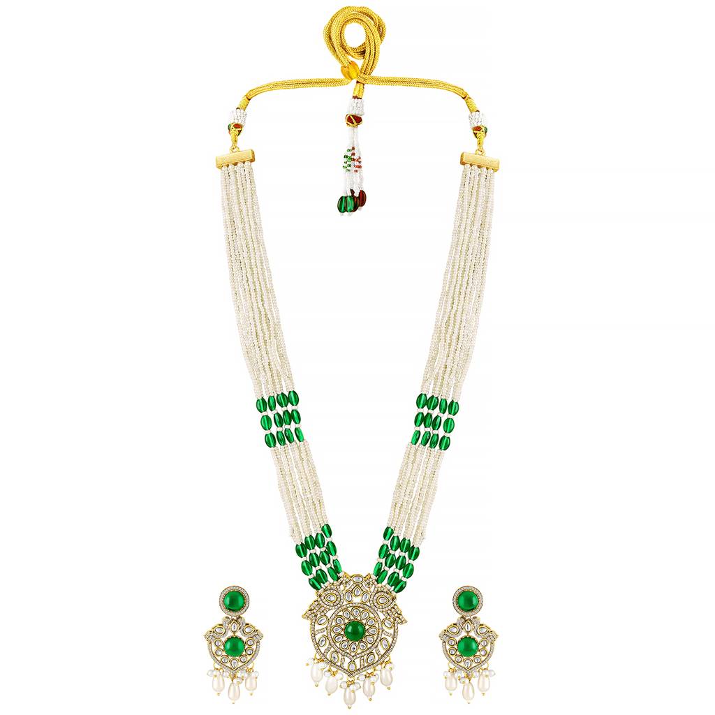 Green Ethnic Long Necklace Earrings Set For Women & Girls | Gold Plated | Kundan & Beads Studded | Maharani Haar A : PF77LS07G