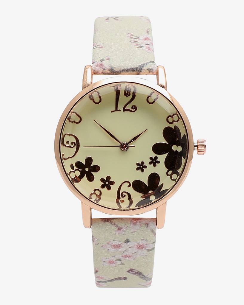 Beige & Champagne Gold Decorative Analog Round Dial With Floral Printed Leather Strap : HSWC1023