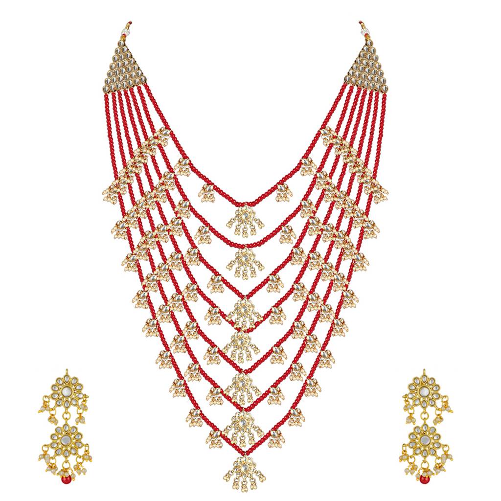 Peora Traditional Jewellery Red Floral Multi Layered Necklace Earrings Jewellery Set For Women Girls : PF25N1205R