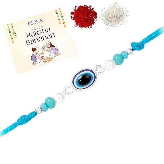 925 Sterling Silver Evil Eye & Pearl Studded Rakhi For Brother Bhaiya | Blue Thread | Raksha Bandhan Hamper With Roli : R18S21