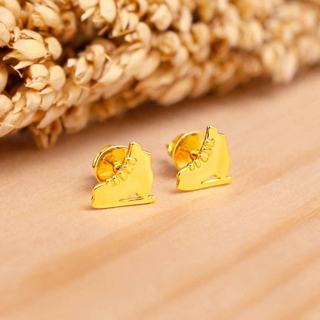 925 Silver Skate Shoe Stud Earrings Gold Finish Sporty : SE_000989