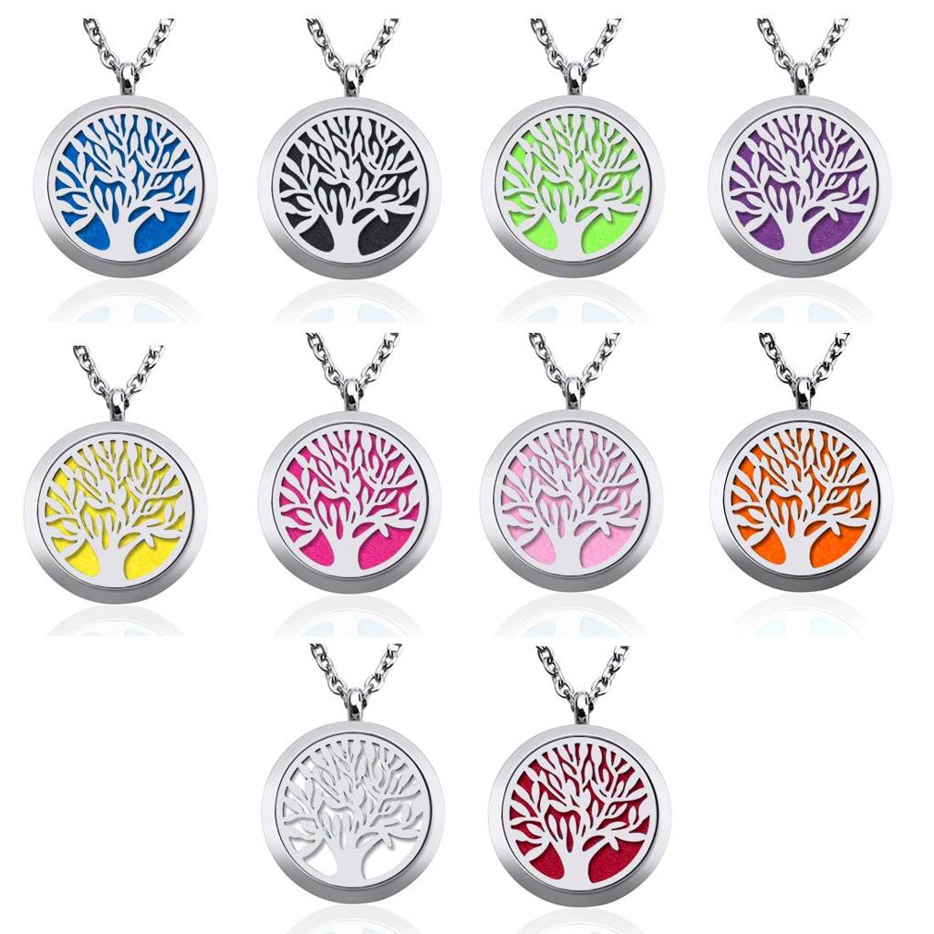 Aromatherapy Essential Oil Diffuser Necklace-Stainless Steel Tree Of Life Locket Pendant For Women Girls With 10 Refi : PFCP71