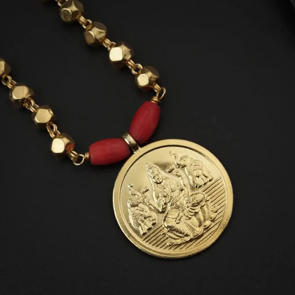 Silver Coin Necklace With Silver Beads (Gold Plated) - Ashtapailu ( Multifaceted ) Beads : 28783511