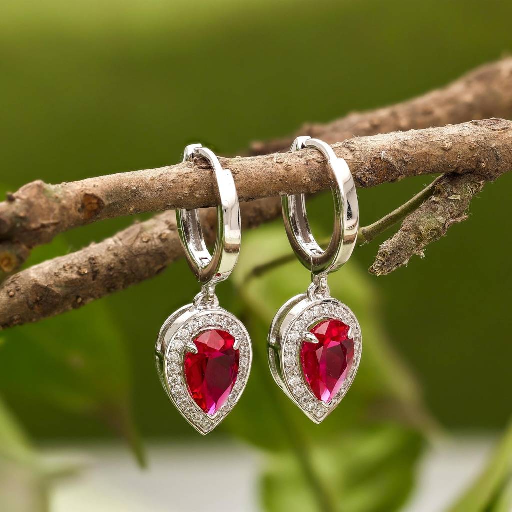 925 Silver Red Cz Teardrop Dangle Hoop Earrings : SE_000942