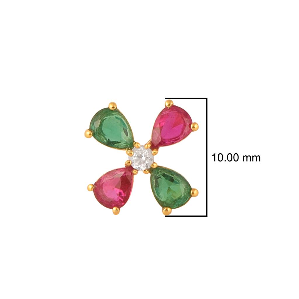 Red & Green Cz Floral Design Nose Pin - Sterling Silver Gold Plated : NP00086_925S_YG