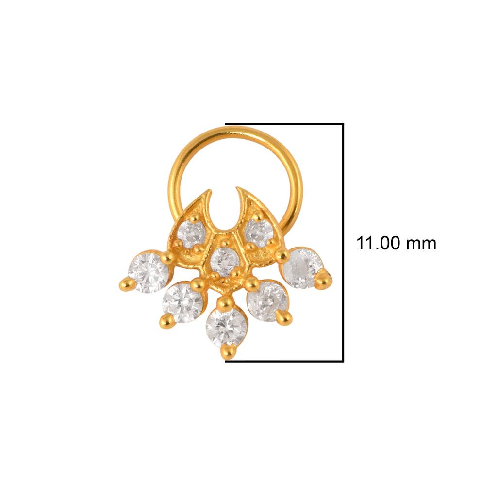 White Cz In Crescent Drop Ethnic Nose Pin - Sterling Silver Gold Plated : NP-00017_925S_YG_WCZ