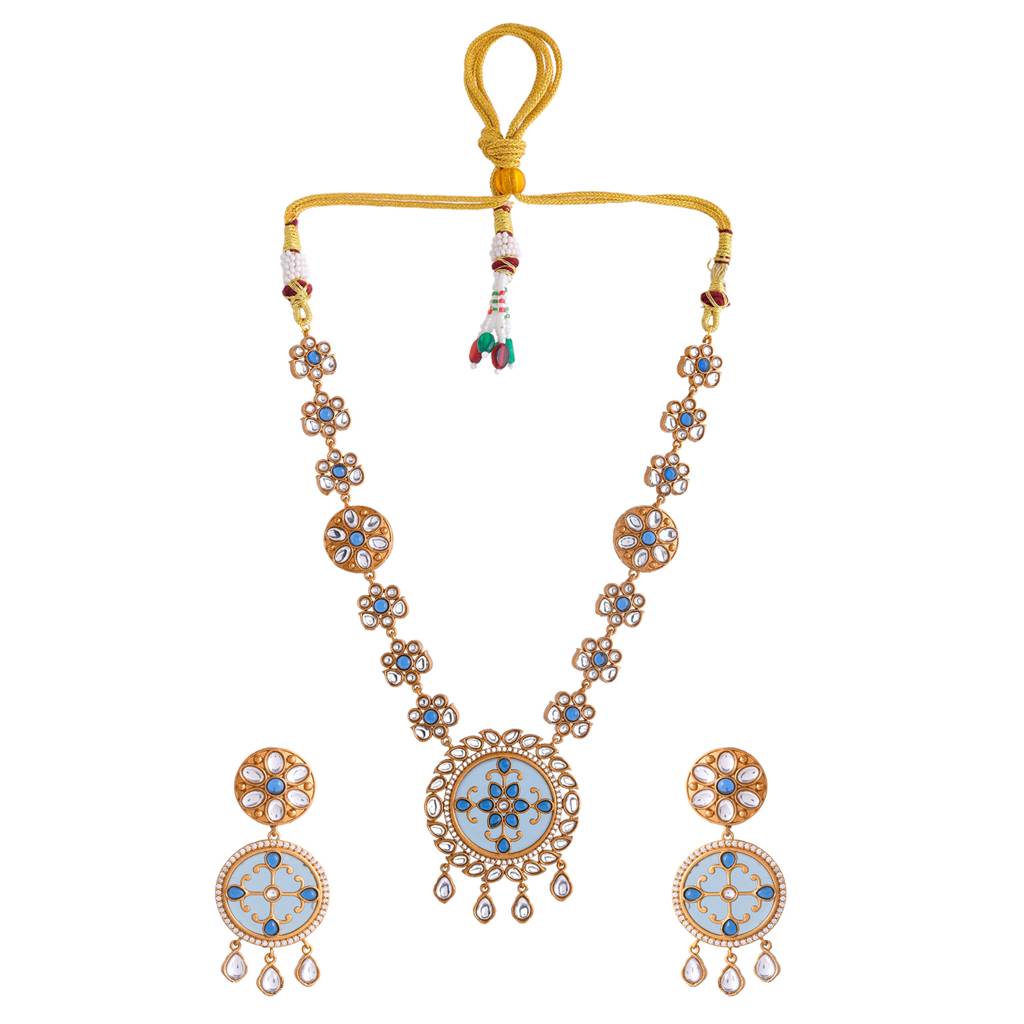 Hasli Elegant Long Blue Floral Kundan Studded Golden Necklace Set : 8905124535518