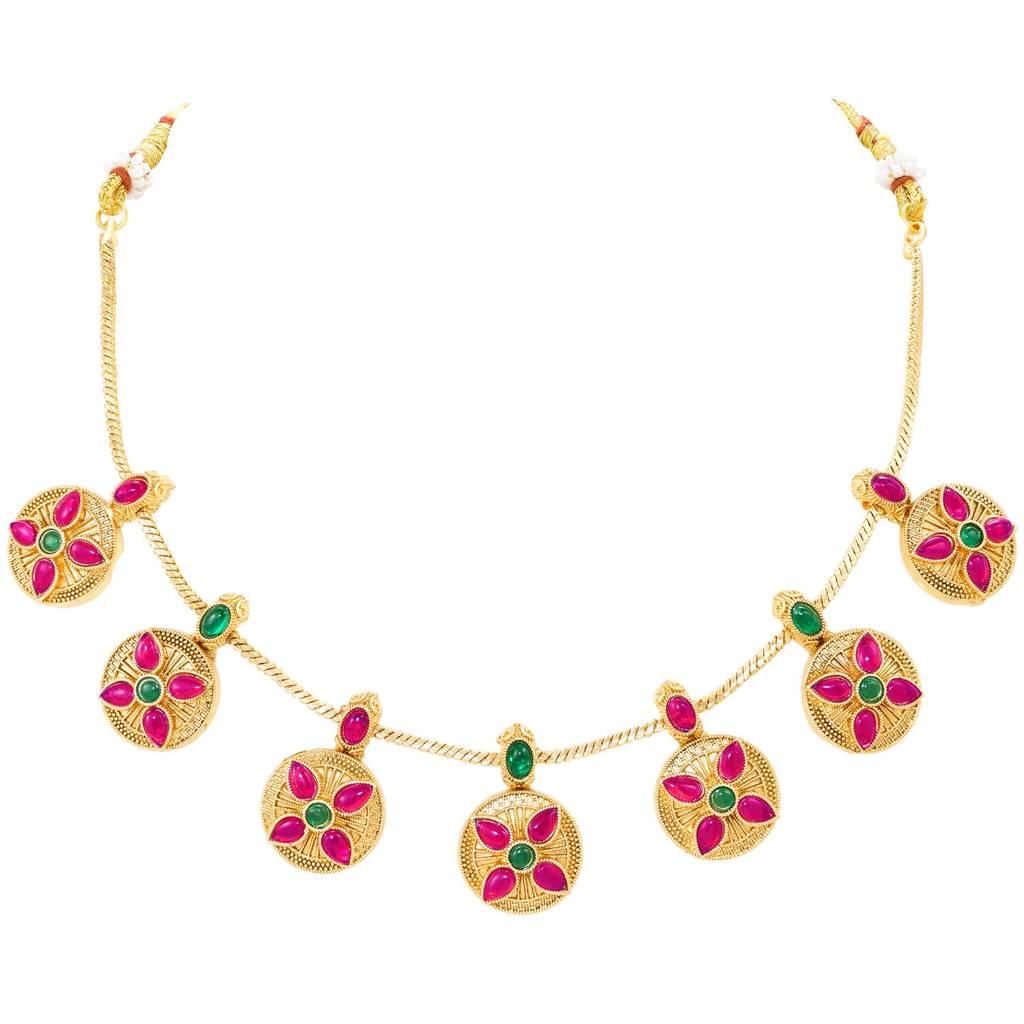 Gold Plated Green Rani Pink Floral Necklace Earrings Set For Women : PF109N05RPG